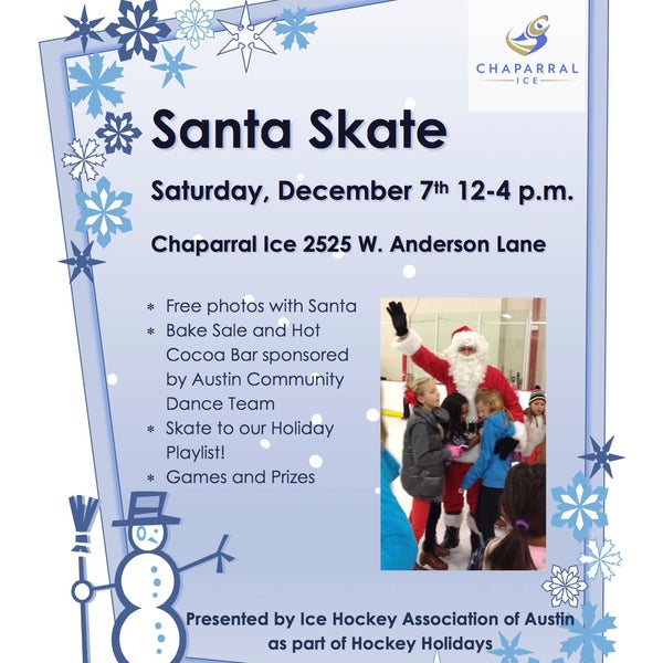 Santa Skate Saturday, December 7th, 12-4 pm! Skate with Santa, enjoy a hot cocoa bar, listen to carolers, win prizes, skate to holiday music. Regular admission prices apply!