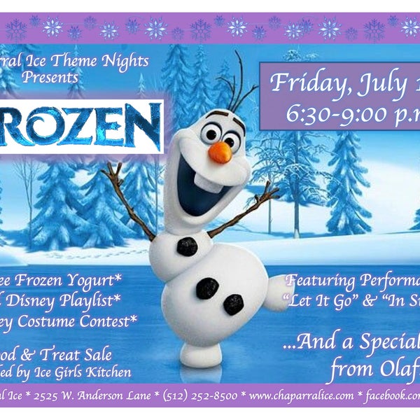Meet Olaf at our Frozen Party On Ice Friday, July 18, 6:30-9:00 pm! https://www.facebook.com/events/711863245562215/