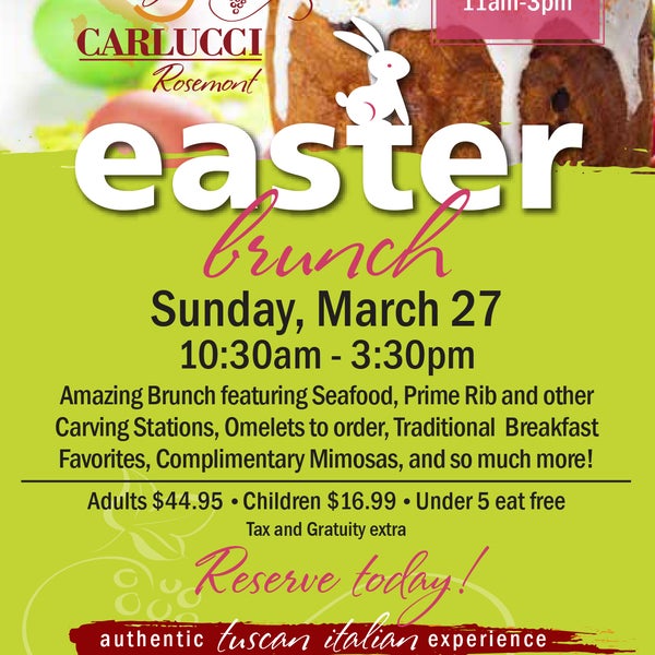 We have a few reservations still available for our Easter Brunch this Sunday. Plus the Easter Bunny hops in from 11-3 and we'll have fun face painting for the kids. Reservations 847-518-0990