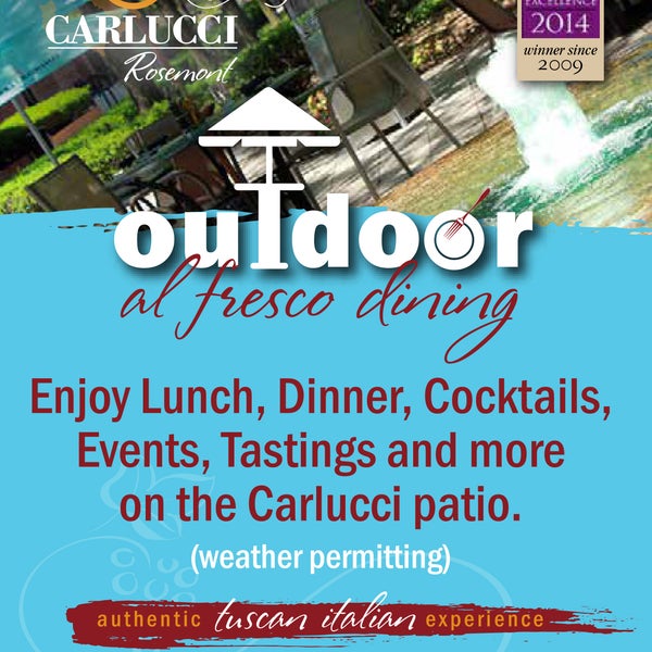Our patio is open for the season (weather permitting of course!) We even have heaters for chilly evenings. We hope you'll join us for lunch, dinner or cocktails on the Carlucci Patio!