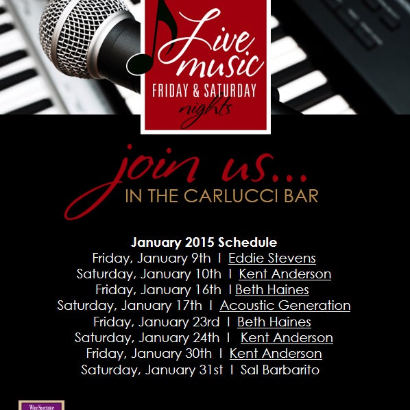 Live Music is back at Carlucci and we have fun planned every weekend in January! For more details visit http://tinyurl.com/q6td77e