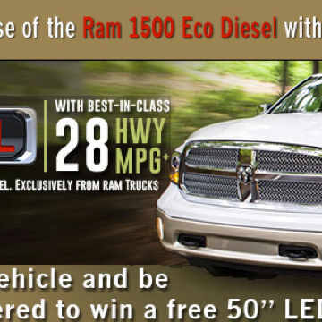 Stop by Larry H. Miller Bountiful on Thursday March 27, and celebrate the release of the RAM 1500 Eco Diesel! Test drive a new vehicle and be automatically entered to win a FREE 50" LED TV!