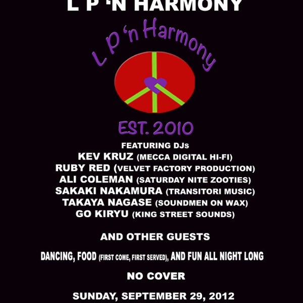 LP 'n Harmony third anniversary party on Sunday, September 29, 2013. Fruition 6 pm to midnight.