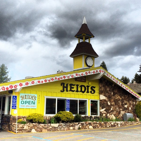 Heidi's Pancake House opened on the south shore of Lake Tahoe, CA in 1964. Inside is country kitsch decor mixed with a German/Swiss theme; lots of paneled wood, stained glass and murals of the Alps.