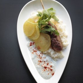 Get the juicy ground-lamb kebab bedded on basmati rice with a cucumber-and-yogurt sauce, for $7. For large plates, get sauteed veal jazzed up with sweet, hot peppers alongside a turban of spaghetti.