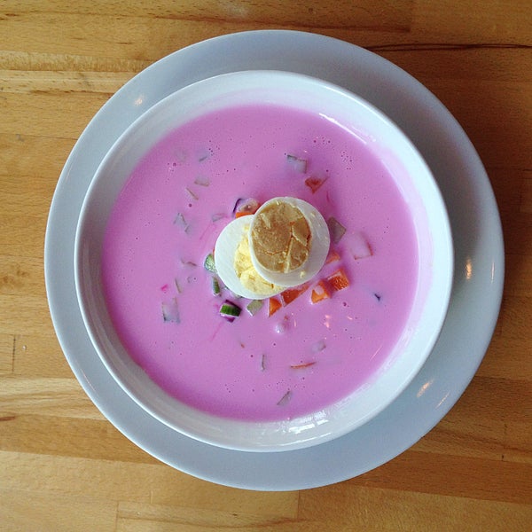 If you closed your eyes and took a slurp of this cold beet soup, you’d swear it tasted pink. Her take is made with pickled beet juice, roasted beets, buttermilk and sour cream.