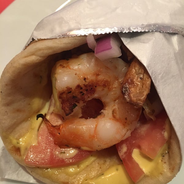 Largest shrimp around in a pita , all the way thru. Tasty and filling!