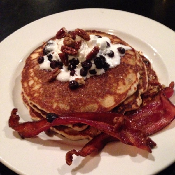 We love the cornmeal pancakes topped with Kahlua Blueberry a Maple syrup!  Yummy!