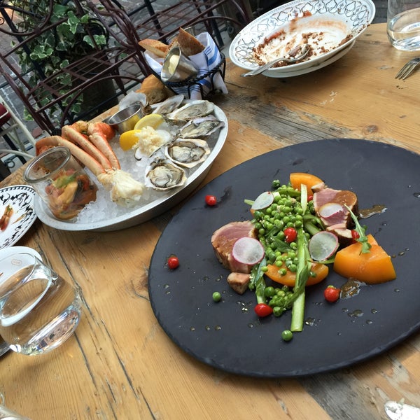 Upscale French inspired cuisine with excellent seafood offerings.  Seafood tower is plenty to share and worth it! Wonderful outdoor seating and service. Ask for guidance on menu and wine pairings.