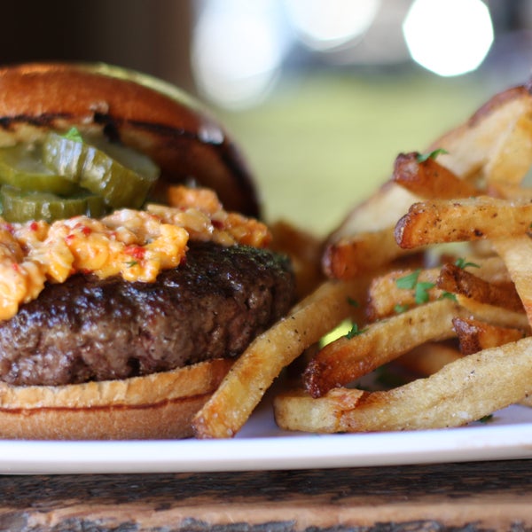 Try this house-gorund burger with pimento cheese and housemaid pickles!