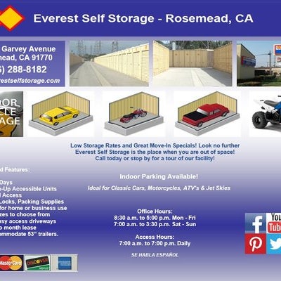 Low Storage Rates and Great Move-In Specials! Look no further Everest Self Storage is the place when you’re out of space! Call today or stop by for a tour of our facility! 626-288-8182.