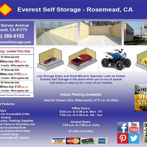 Is your home or garage about to burst? Get more space today by visiting www.everestselfstorage.com  and ask about our Move-In Specials!
