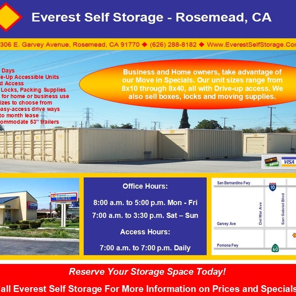 Are you looking for a trusted, clean, affordable, and safe self storage company in Rosemead CA? Everest Self Storage offers storage specials each month.