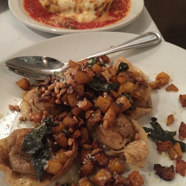 Pumpkin filled pasta with butternut squash, pine nuts, and burnt butter/sage was to die for. Also pictured the fabulous vegetarian lasagna.