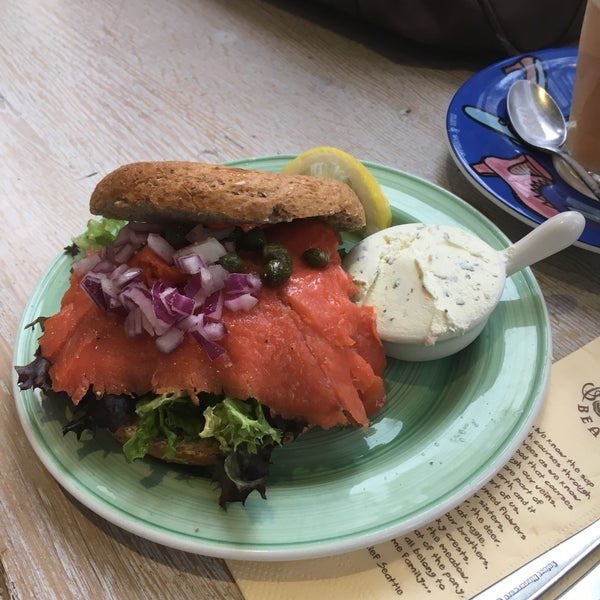 The smoked salmon bagel and the mushroom burger are what we had and both were delicious! Chai tea with almond has to be tried!!