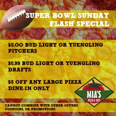 Join us for your dine-in Super Bowl celebration.  Great deals!