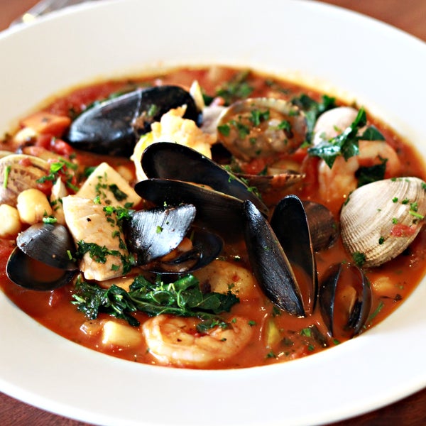 Northwest “One Pot” Fisherman’s Stew, with clams, mussels, bay scallops, white fish, prawns, crab claw, Swiss chard & Klamath fingerling potatoes stewed in a fresh tomato-basil fish stock...awesome!!!