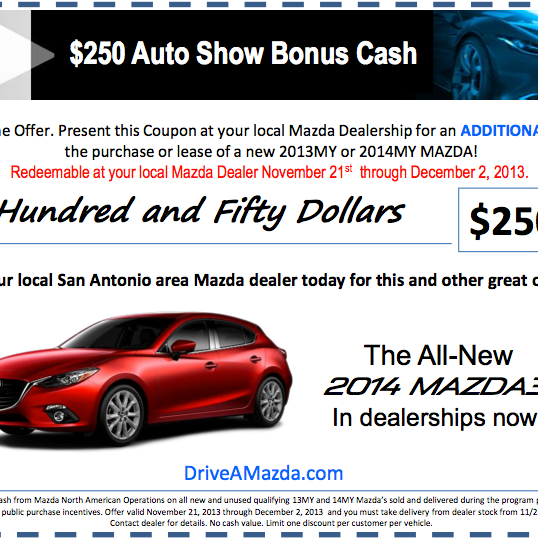Take advantage of our $250 BONUS CASH on your 2013 or 2014 Mazda until December 2nd. Hurry in today!