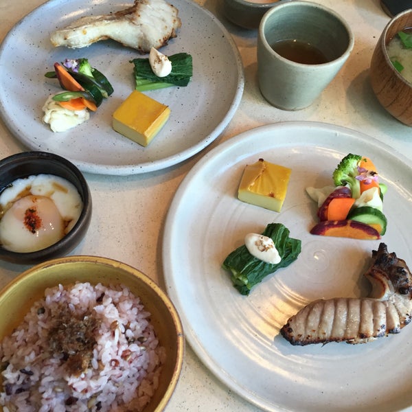 traditional Japanese breakfast — fish option of the day, two veg, egg, multigrain rice, miso soup + optional onsen tamago. incredible food, lovely staff, and nice space. small portions, but worth it.