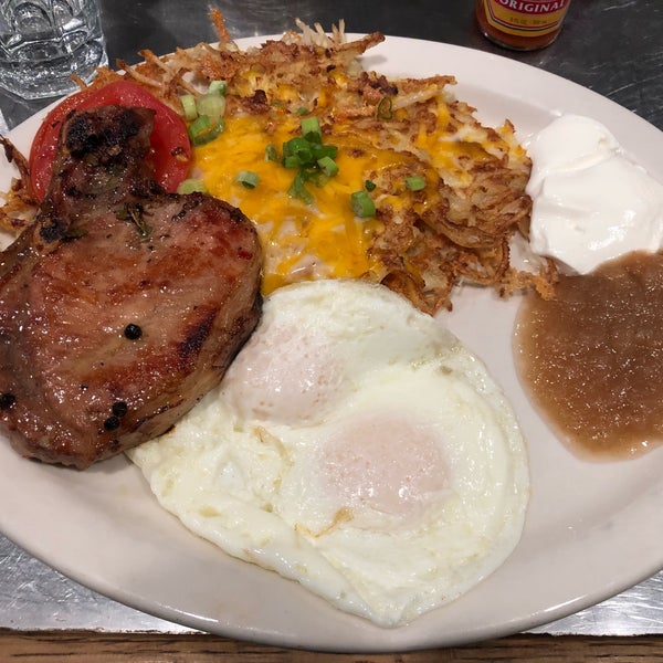 The Midwest breakfast comes with two huge potato “pancakes” and a succulent pork chop. Two people can share this!