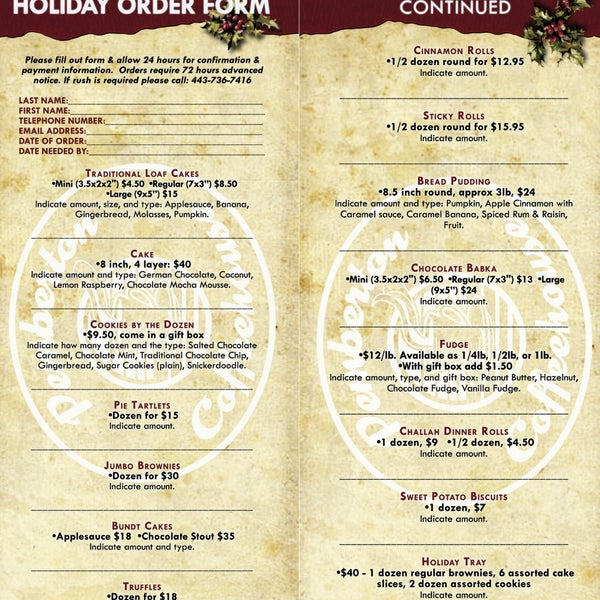 Need some extra goodies for the holiday?! Check out our baked goods menu. Also, available online: https://docs.google.com/forms/d/16zSlc2BAAt1eVb7XwrgmHuEHd4gCS16OCACVyeOnllk/viewform