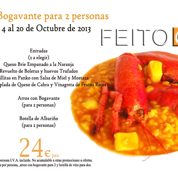 Menu Bogavante Para 2 con entradas y albariño por 24€ pax