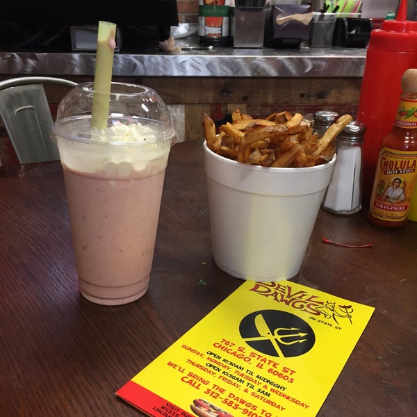 This is what a bucket of fries looks like; next to a strawberry shake for size reference.