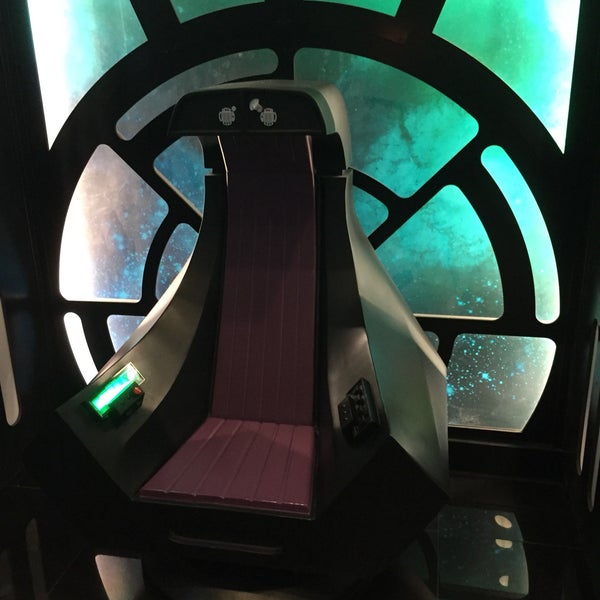 Take a selfie in the replica of Palpatine's throne from RotJ, and check out the huge Death Star model hanging overhead.