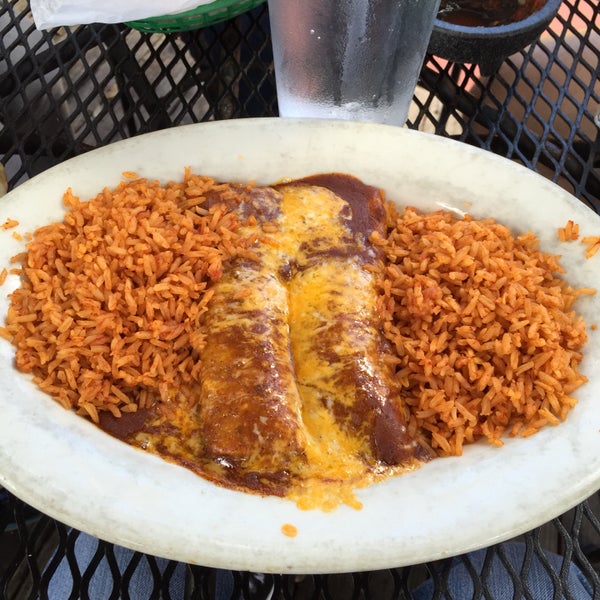 Beef enchiladas and double rice is a good staple. Plain but cheap comforting TexMex. Outside seating is pleasant with a nice fountain in the spring and fall.