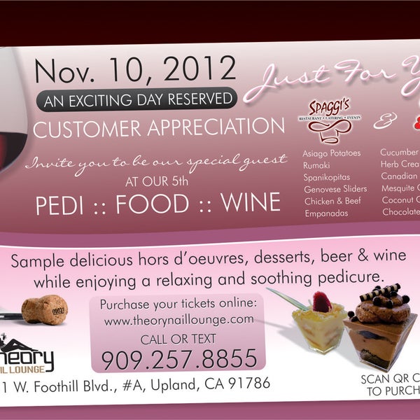 Our 5th Special Event 11/10/12 :: Featuring Spaggi's and Merenque Bakery - $50 Tickets includes Pedi :: BEER & WINE :: Food & Desserts :: tickets are available on line www.theorynaillounge.com