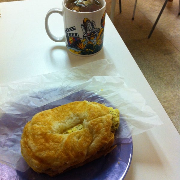 The breakfast combo: egg &cheese croissant, and tea. Croissant is excellent.