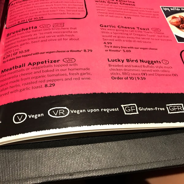 Full vegan menu with items clearly marked