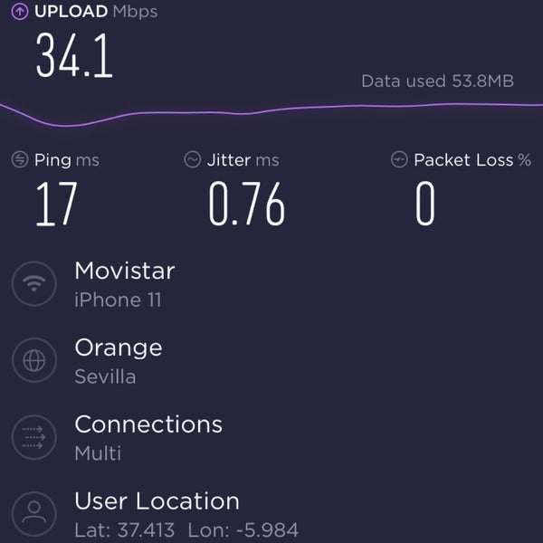 Free wifi SSID: “AC_HOTELS” Download :32.4Mbps Upload: 34.1Mbps Latency 17ms Jitter 0.76ms to Orange at Sevilla