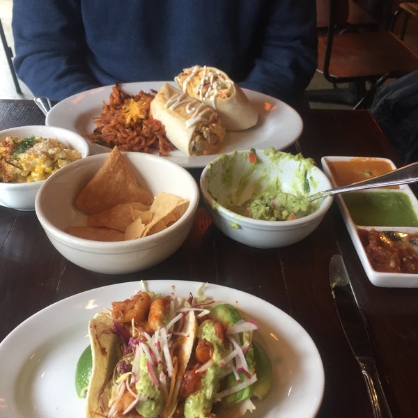 Shrimp tacos + chorizo burrito. Definitely order the guacamole to start, go small, there was plenty. Tacos a tad spicy, but plenty of meat and sauce. Pro tip: Fill the burrito with the hash browns.