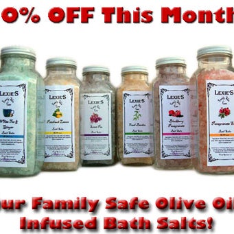 All Lexie's of Louisville Olive Oil Infused Bath Salts 20% OFF for January 2013!  A Hot Bath is a Great way to beat the winter chill!