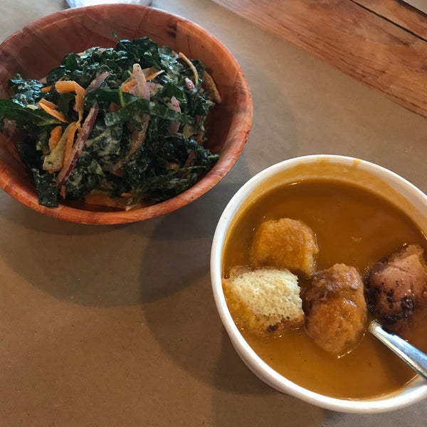 Love this place especially since they have such healthy options like this creamy tomato basil soup and kale slaw which had the perfect amount of vinegar in the dressing.