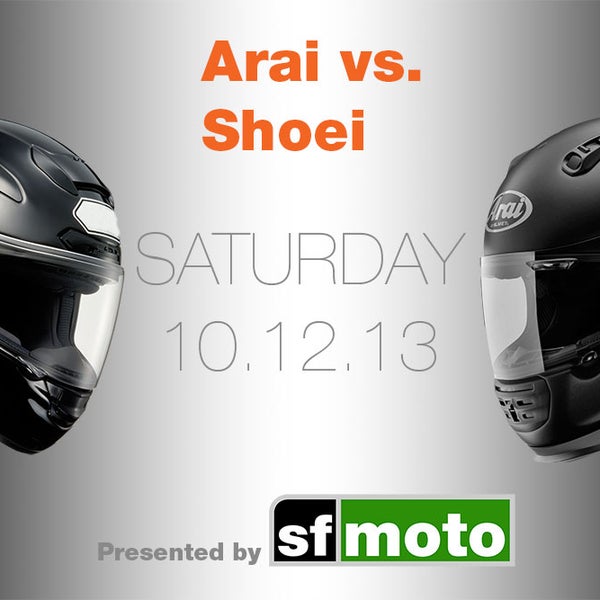Our Protect Your Pumpkin Helmet Sale kicks off this Saturday with a Shoei vs. Arai event from 12-6pm. Try out a new helmet BEFORE it premieres + get a $100 discount coupon on it. http://bit.ly/1aqHYuc