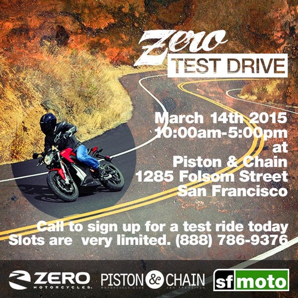 Our Zero Motorcycles kick-off event is Saturday, March 14 at Piston & Chain. Demo ride slots are limited - reserve yours now: http://goo.gl/Qct6t1