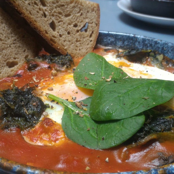 Espresso was delicious, finom. Shakshouka had so much flavor, I added spinach. Eggs were perfectly runny, definitely recommend. Very filling and lots of veggies as well.