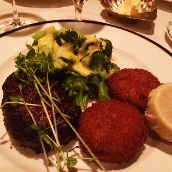 Filet mignon, broccoli with hollandaise, and amazing crab cakes.