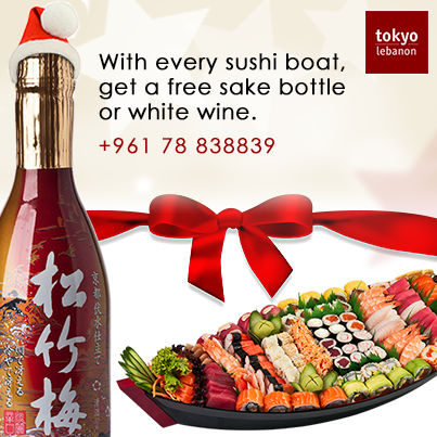This Christmas season, Tokyo Lebanon is unveiling the new menu & we are giving gifts with every sushi boat ordered during the Christmas Holidays.Get free Sake bottle or White wine bottle 09838839.