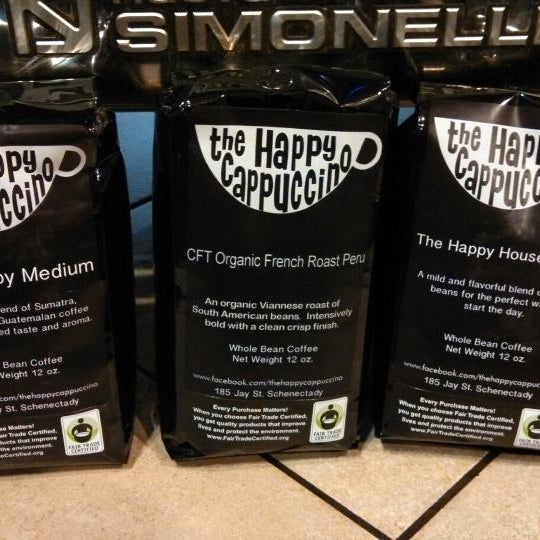 We now have Fair Trade Happy House Light Roast, Happy Medium Roast, and Peru French Roast whole bean coffee for sale by the bag. If you need us to grind it for you its no problem.
