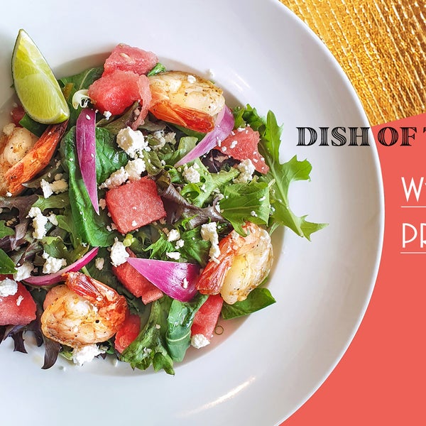 Watermelon Prawn Salad | tiger prawns, watermelon cubes, crumbled feta cheese, mesclun greens, thin red onion slices & served with house-made honey lemon dressing. For a limited time only @$14.50+.