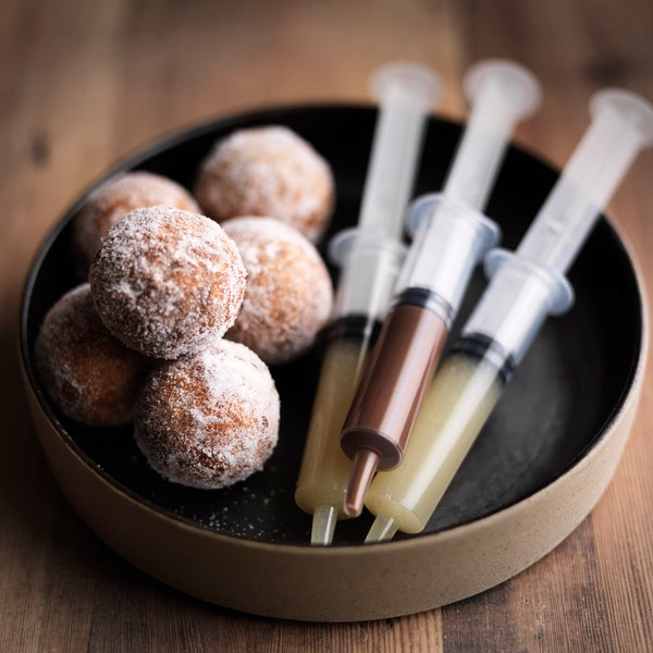Doughnuts with chocolate, apple and pear