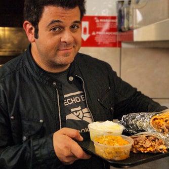 On Man v Food, Adam visits Sweet P’s BBQ for the Gigante Burrito, a 4-lb. burrito stuffed w/ chopped pork, barbecue beans, and coleslaw, plus a 1/2 LB of mac & cheese and a 1/2 LB of banana pudding.
