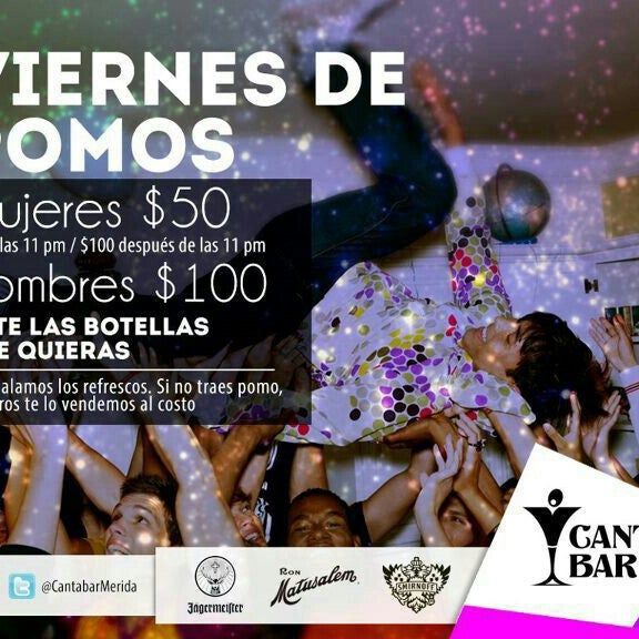 #viernesdepomos @cantabarmerida trae tus botellas y nosotros ponemos los refrescos, la fiesta y el desmadre, chelas 15 pesitos toda la noche!! Reserva 9991283375 whats