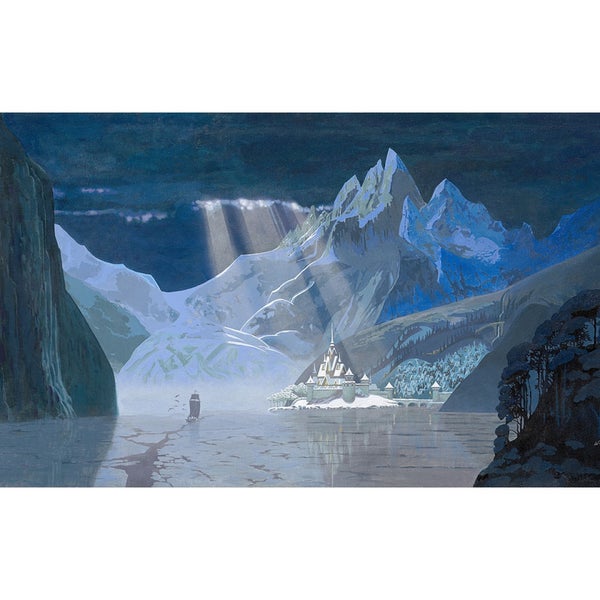 "Arendelle in Winter" shows a fjord locked in the grip of eternal ice.  image, hand painted by ‪#‎Disney‬ artistDavid Womersley, is based on