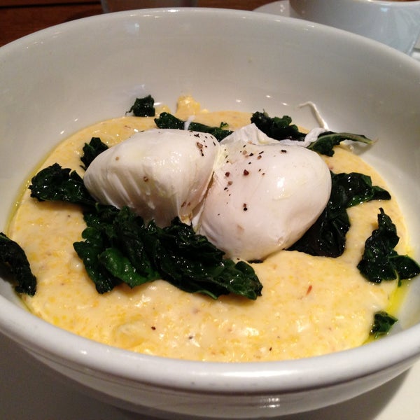 Poached eggs + cheesy grits + chard + Stumptown cappuccino = amazingness in your mouth