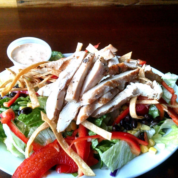 Fiesta Chicken Salad on special this week.  Mixed greens, red peppers, black beans, corn, grilled chicken and corn tortilla strips served with a side of Chipotle Ranch.  Big enough to split.