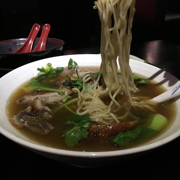 Delicious roasted duck soup with hand drawn noodles